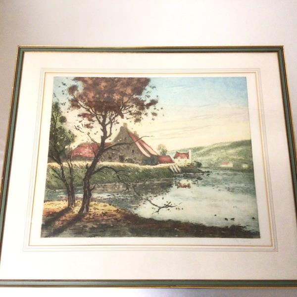 R. Ligeroy (?), limited edition print 74/350, Buildings by a Loch, signed indistinctly in pencil