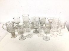 An assortment of 19thc and 20thc. glasses, mostly stemware including port glasses, wine glasses,
