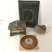 A mixed lot including a Swiss cottage style music box, a Mi voice record (d.13cm), a green leather
