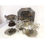 A collection of Epns including a rose bowl with frog and wooden socle base (with base: 20cm x d.