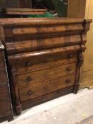 A 19thc mahogany chest of drawers, the inverse breakfront top above two ogee drawers, the lower with