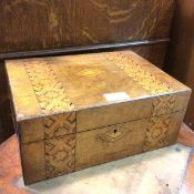 A 19thc walnut veneered box, with speciman wood geometric pattern inlay, fitted tray to interior (