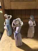 A group of three Spanish Lladro style porcelain figures, Ladies with Sunhats, decorated with