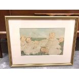 After Maud Humphrey, vintage coloured print, Pastoral scene: Children Sleeping (23cm x 35cm)