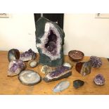 Geological Interest: a group of geological specimans including a large amethyst geode (36cm x 20cm x