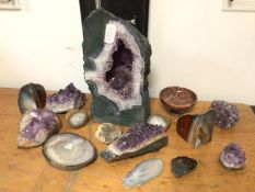 Geological Interest: a group of geological specimans including a large amethyst geode (36cm x 20cm x
