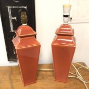 A pair of modern vases converted to lamps of Chinese inspired design in terracotta glaze (larger: