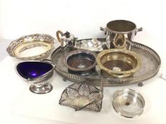 An assortment of Epns including a footed drinks tray with raised pierced gallery, swing handled