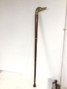 An early 20thc tipple cane with brass goose head finial which unscrews to an internal drinking