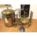 A collection of brassware including an early 20thc coal scuttle (40cm x 28cm), four candlesticks,