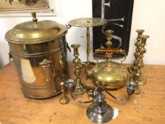 A collection of brassware including an early 20thc coal scuttle (40cm x 28cm), four candlesticks,
