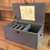 A grey painted box with label for various radio equipment, fitted tray to interior (18cm x 41cm x