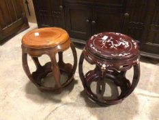 Two Chinese hardwood verandah stools, one with mother of pearl inlay (45cm x 36cm)