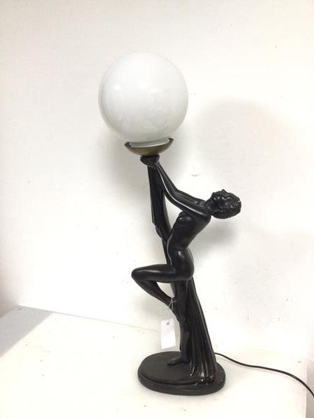 An Art Deco style table lamp, painted plaster, in the form of a Robed Female Figure, with