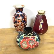 A Moorcroft style squat vase, stamped Old Tupton ware to base (12cm) and a Tuscan china vase of