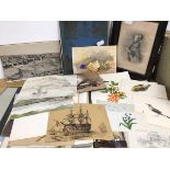 A mixed lot including a folio of sketches, including Flowers, signed G. King 1795, a Bird with