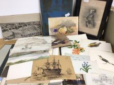 A mixed lot including a folio of sketches, including Flowers, signed G. King 1795, a Bird with