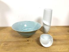 Sarah Jane Selwood Studio Pottery, including an eggshell blue bowl with crazing and twisted form,