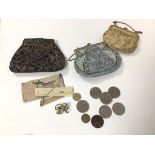A mixed lot including three purses, six c.1950 half crowns, an 1896 penny etc. (a lot)