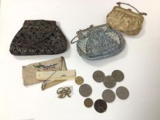 A mixed lot including three purses, six c.1950 half crowns, an 1896 penny etc. (a lot)