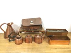 A collection of copper ware including a trivet (12cm x 40cm x 15cm), a surgical instrument