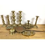A collection of brassware including candlesticks (largest: 30cm), ink blotter, chestnut roasting