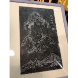 Chinese School, Bust of Figure above Mountains, woodblock print, characters and seal mark to