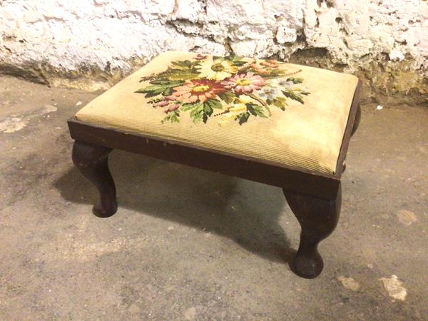 A 1920s/30s Georgian style footstool with grospoint padded top, on rectangular frame on cabriole