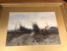 Early 20thc School, Figure and Carriage on Country Lane, watercolour, signed indistinctly bottom
