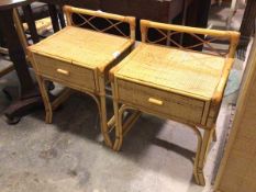 A pair of modern cane bedside tables with woven tops, fitted single drawer, on splay front