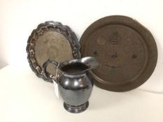 A Birks Epns water jug (22cm) and an Epns salver and another tray with Middle Eastern decoration (