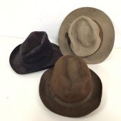 A group of three vintage gentleman's hats, including The Wilson hat, made by Joseph Wilson & Sons,