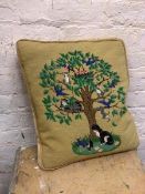 A vintage cushion with grospoint cover depicting Tree with Birds (48cm x 40cm)