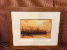 Brian Large, Govan Graving Docks, Sunset, watercolour, signed bottom right, paper labels verso (18cm
