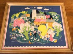 After Peggy Wickham, English Village with Figures and Animals c.1960, colour Lithograph (46cm x 56