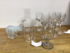 A group of six cut glass wine glasses (each: 17cm), a possibly 19thc. wine glass, an etched carafe