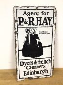 A vintage double sided enamelled sign for P & R Hay, Driers and French Cleaners, Edinburgh (56cm x
