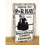 A vintage double sided enamelled sign for P & R Hay, Driers and French Cleaners, Edinburgh (56cm x