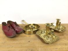 A mixed lot including three brass chamber candlesticks (largest: 13cm x 18cm x 14cm) and a pair of