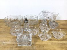 A group of crystal table ware including a cut crystal bowl (9cm x 23cm), a crystal bowl with