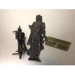 A spelter cast Standing Figure, after David (32cm), a brass letter box and a Victorian cast iron