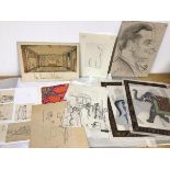 Folio of assorted prints and sketches, including Portrait of a Gentleman by Joe Lockey, Inger