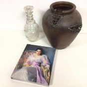 A mixed lot including a 19thc cut glass decanter, an unusual vase of urn form (30cm) and a