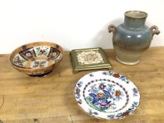 A mixed lot of ceramics including a baluster shaped glazed vase with handles to side, stamped made