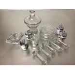 A Stewart Crystal miniature jam pot, a crystal mounted dressing table container, a set of five