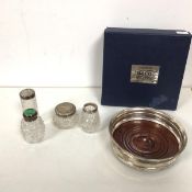 A B & Co. Birmingham silver coaster, with wooden base and original box (4.5cm x 14cm), and an