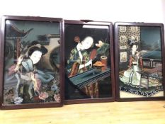 Three Chinese painted glass panels, each depicting Female Figure (each: 47cm x 30cm)