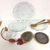 A mixed lot including three glass plates, all with a swirl pattern, two with scalloped edge (larger: