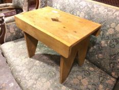 A pine stool with diamond pierced top, aprons to long sides (36cm x 51cm x 33cm)