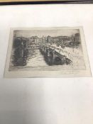 G. Huardel-Bly, Bridge with Figures, etching, signed bottom right, paper labels verso (10cm x 15cm)